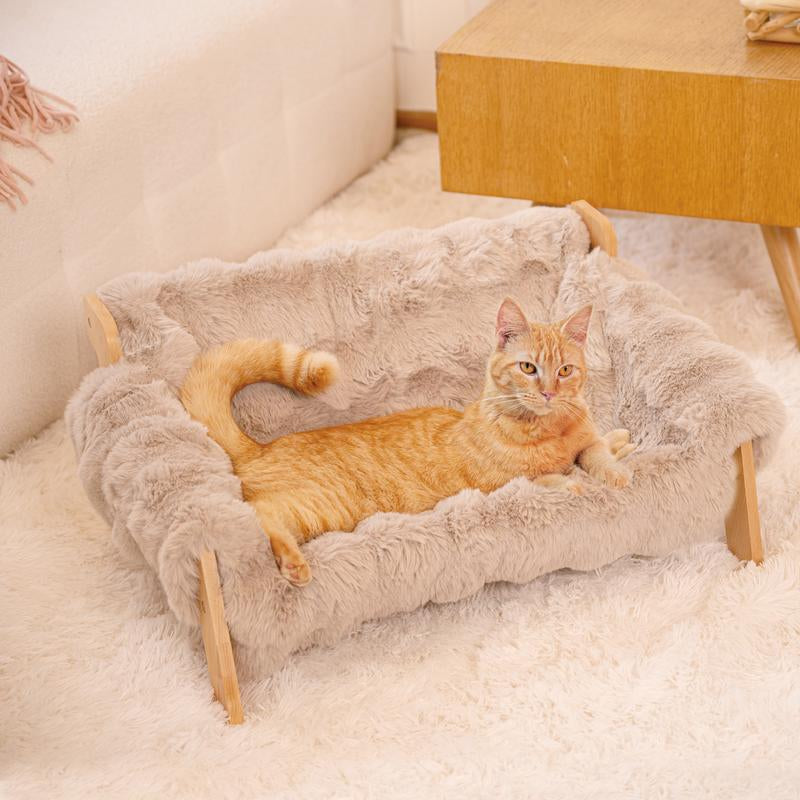 Elevated Pet Couch Bed, Wooden Cat and Small Dog Sofa, Removable Washable Fluffy Cover Raised, Kitty Lounge Chair Suitable for Puppy for Indoor