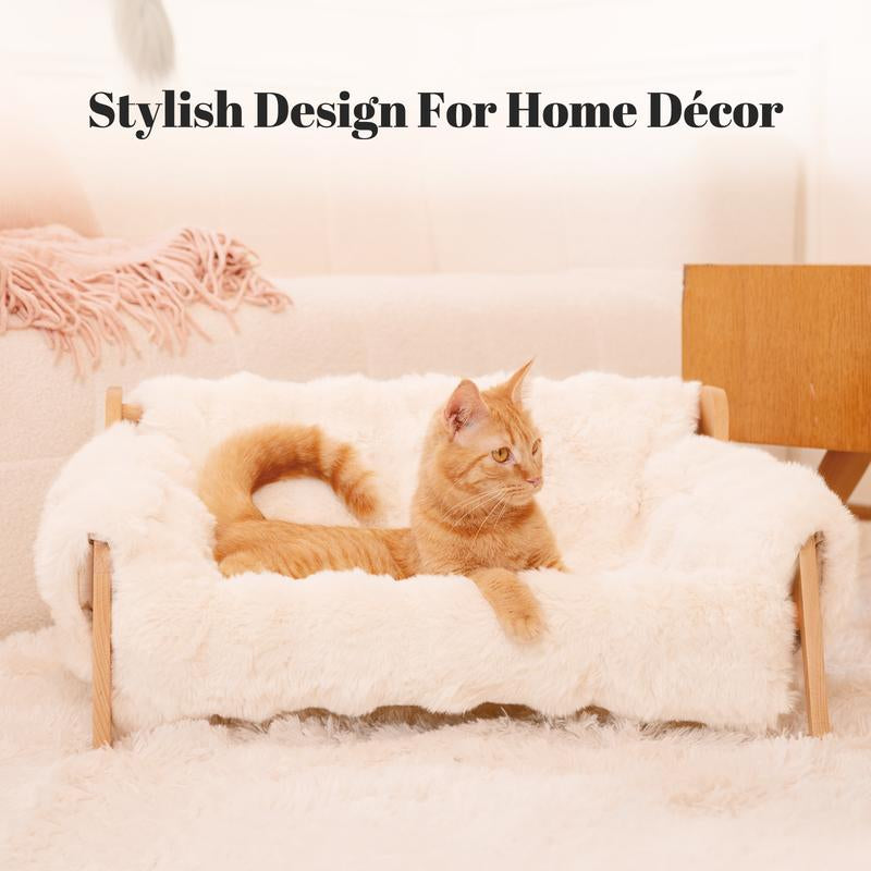 Elevated Pet Couch Bed, Wooden Cat and Small Dog Sofa, Removable Washable Fluffy Cover Raised, Kitty Lounge Chair Suitable for Puppy for Indoor