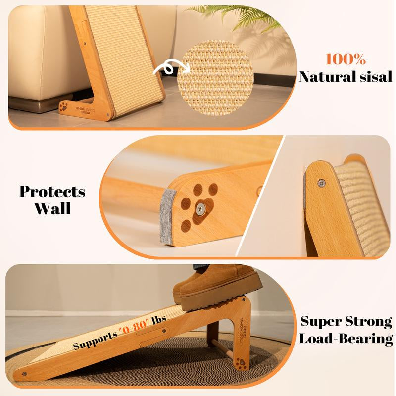 Sisal Cat Scratcher Ramp, 24.8" L Shape Scratching Post, Climbing Vertical Cat Scratch Pad, Wear-Resistant, Solid Wooden for Indoor Cats Furniture