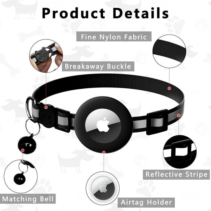 Cat Collar with Air Tag Holder, Reflective Kitten Collar with Bell, Breakaway Airtag Cat Collar for Boys Girls Cats, GPS Tracker for Cats 0.4’’ Width Adjustable Safe Kitty Collar, Black