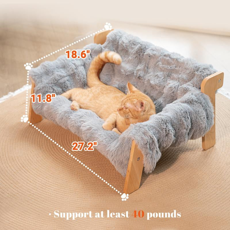 Elevated Pet Couch Bed, Wooden Cat and Small Dog Sofa, Removable Washable Fluffy Cover Raised, Kitty Lounge Chair Suitable for Puppy for Indoor