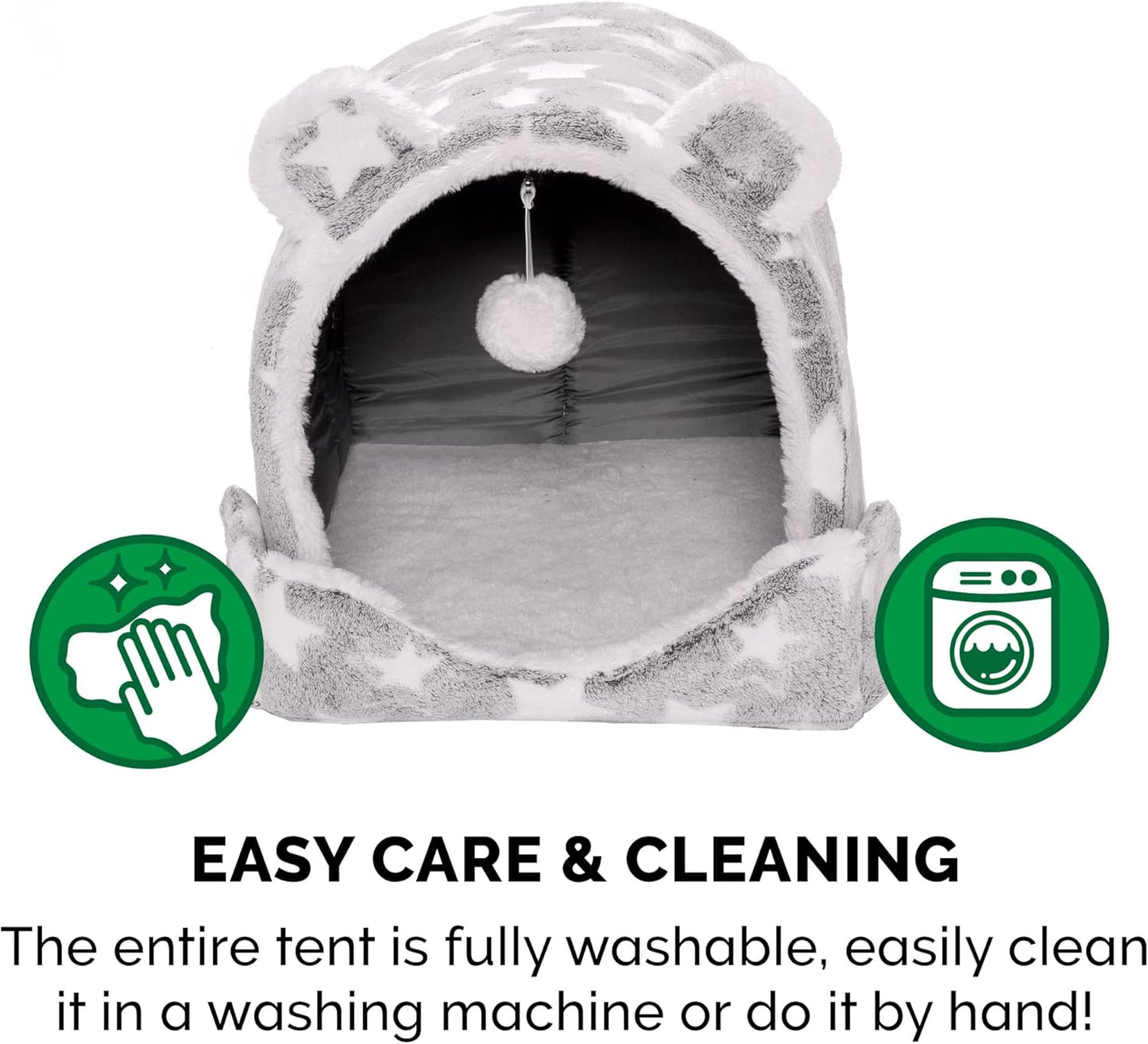 Cat Bed Snuggle Hideout for Indoor Cats & Small Dogs, Washable & Foldable W/ Plush Ball Toy - Snuggle Hideout-Bear Pet Tent - Silver Stars, Small