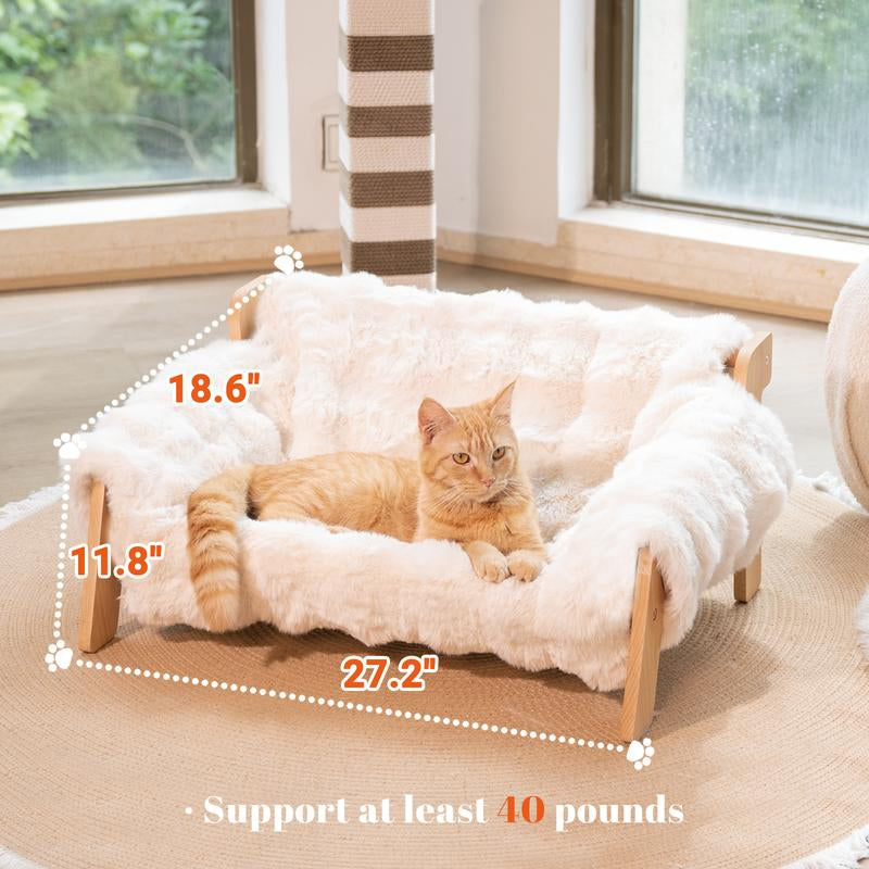 Elevated Pet Couch Bed, Wooden Cat and Small Dog Sofa, Removable Washable Fluffy Cover Raised, Kitty Lounge Chair Suitable for Puppy for Indoor